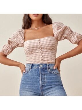 Reformation Norton Gingham Puff Sleeve Square Neck Crop Top - pink